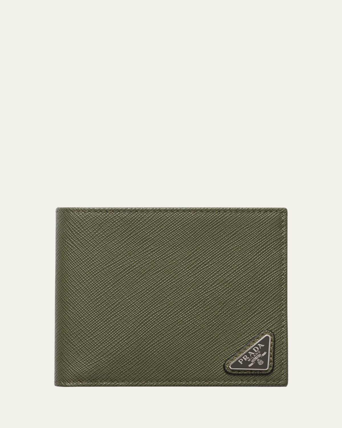 Prada Enamel-logo Saffiano Leather Cardholder In Green