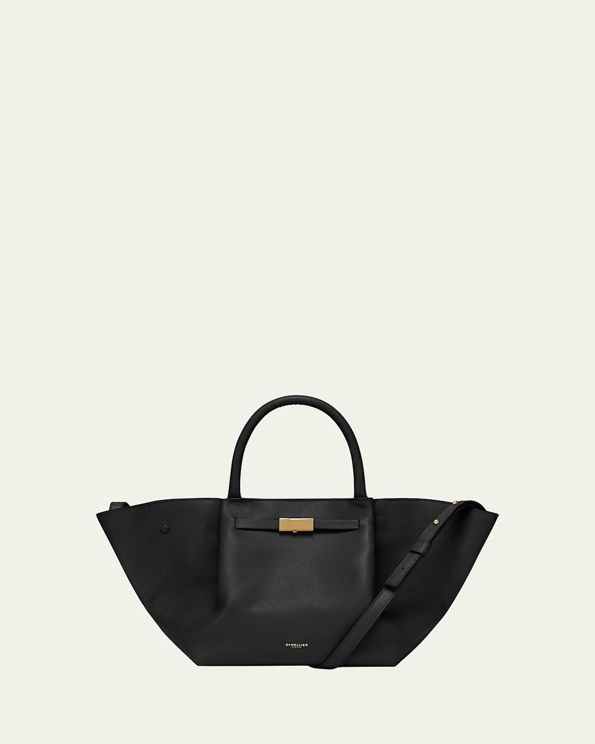 Demellier Midi New York Buckle Leather Tote Bag In Black Small Grain