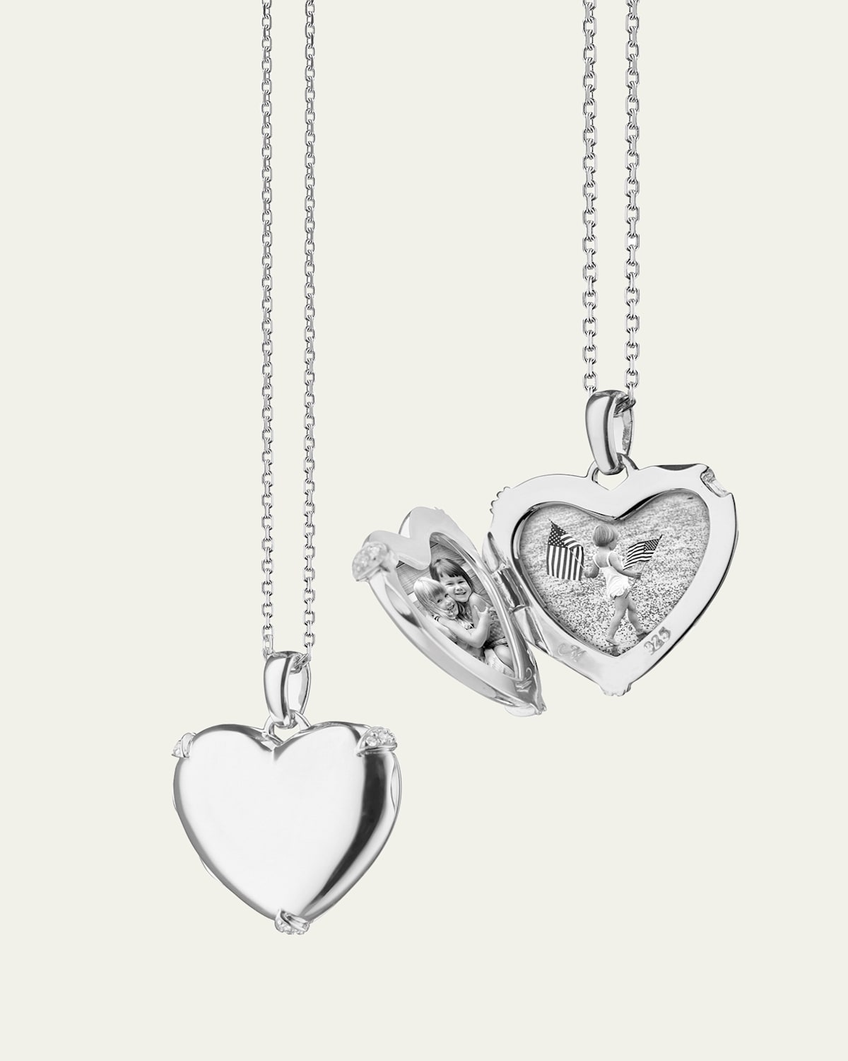 Monica Rich Kosann STERLING SILVER HEART LOCKET WITH WHITE SAPPHIRE ACCENTS ON A 17" DIAMOND CUT CHAIN