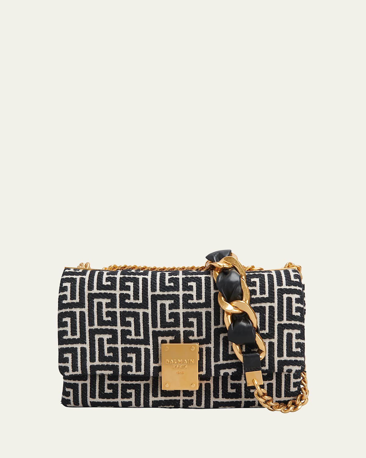 Balmain 1945 Soft Small Shoulder Bag In Monogram Jacquard In Ivory/noir