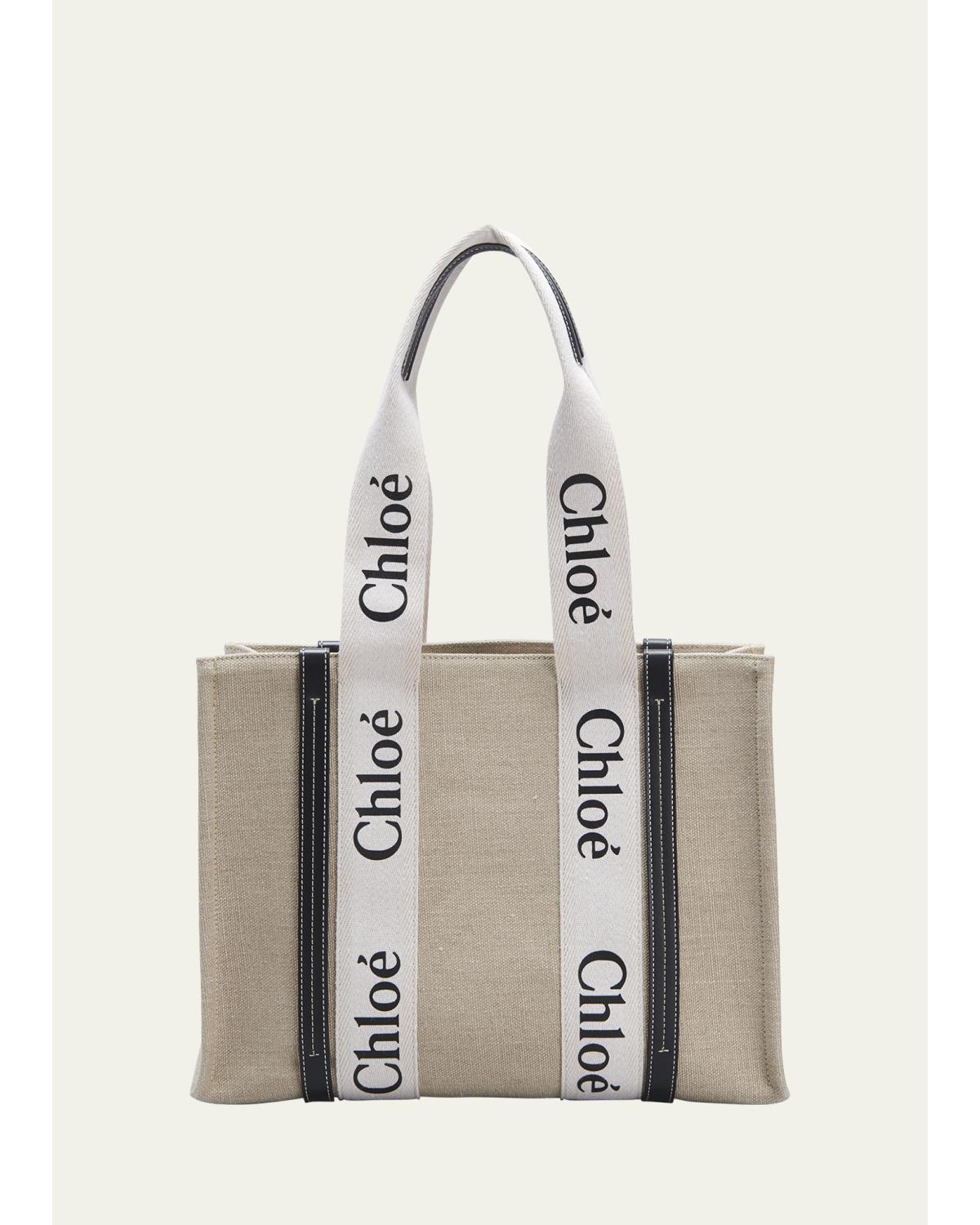 Chloé Logo-Printed Linen Tote Bag — Beige