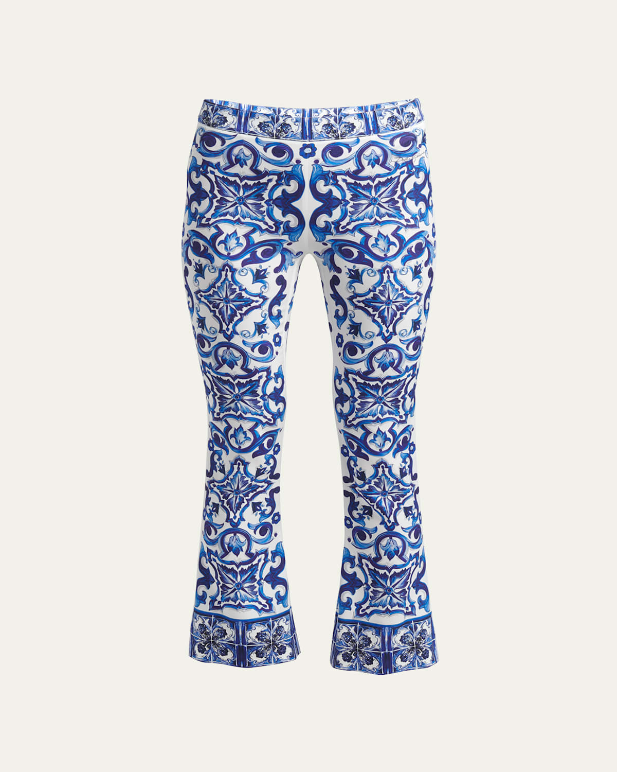 Dolce & Gabbana Flared Trumpet-leg Charmeuse Pants With Majolica Print In Natural White