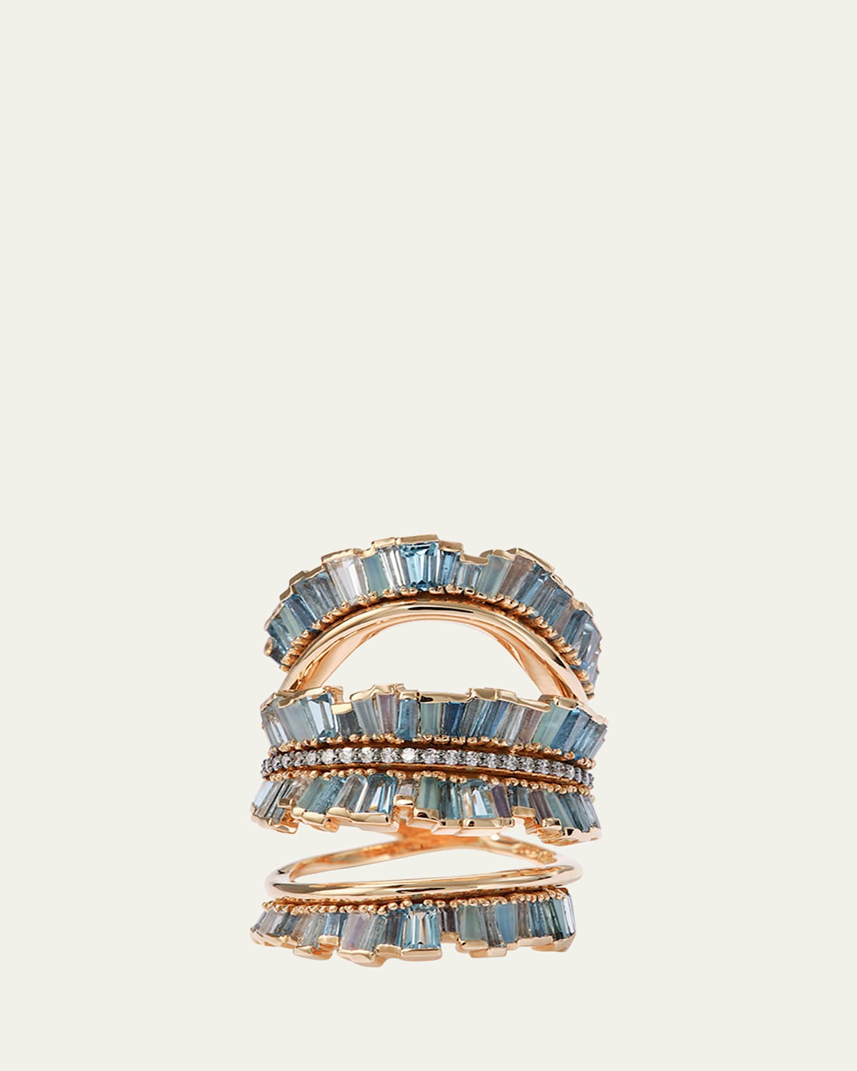 Triple Ruched Ribbon Ring with Aquamarine, Blue Moonstone, Blue Peruvian Opal and White Diamond Pave