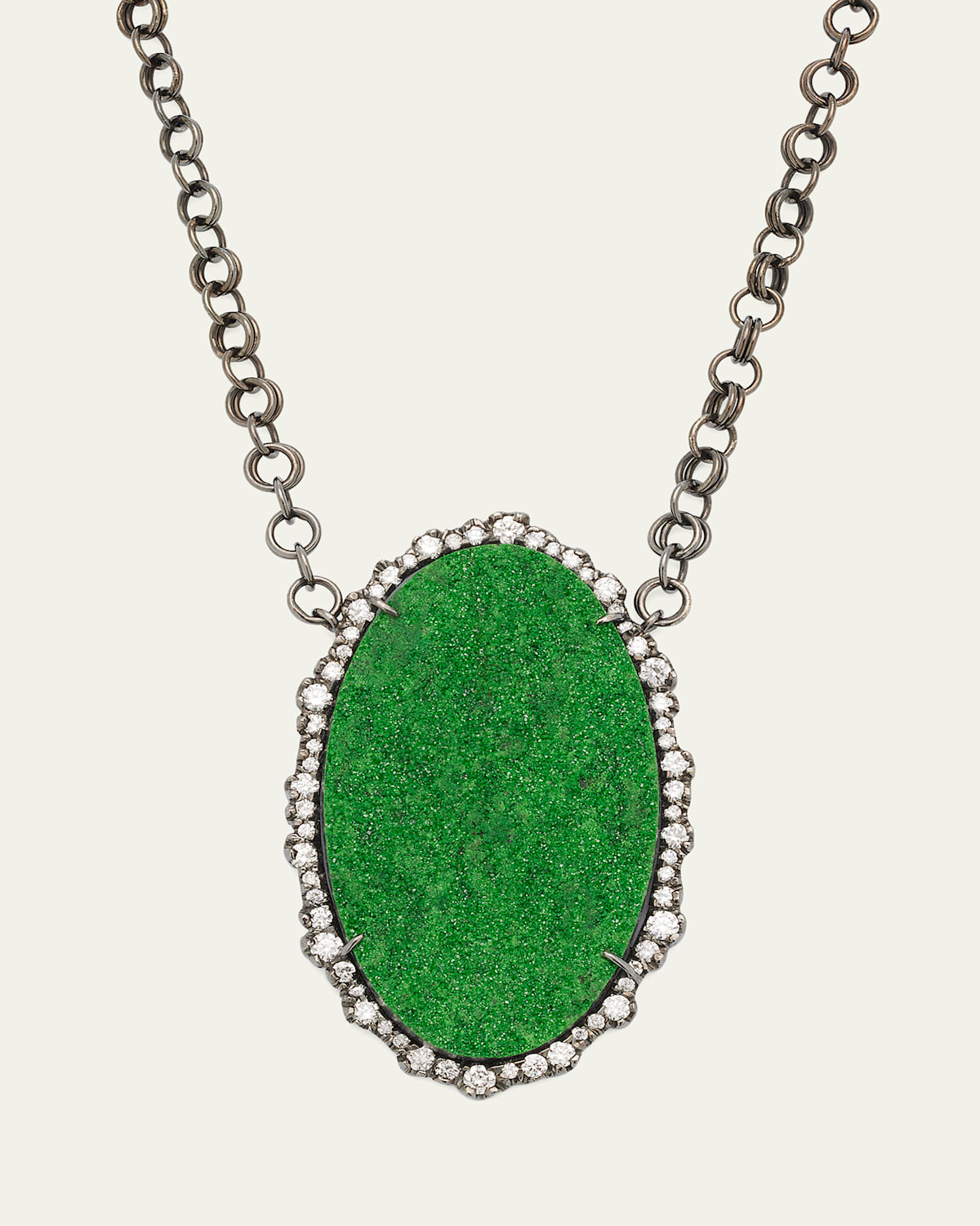 Oval Uvarovite Garnet Druze Pendant Necklace with Irregular Diamond Bezel