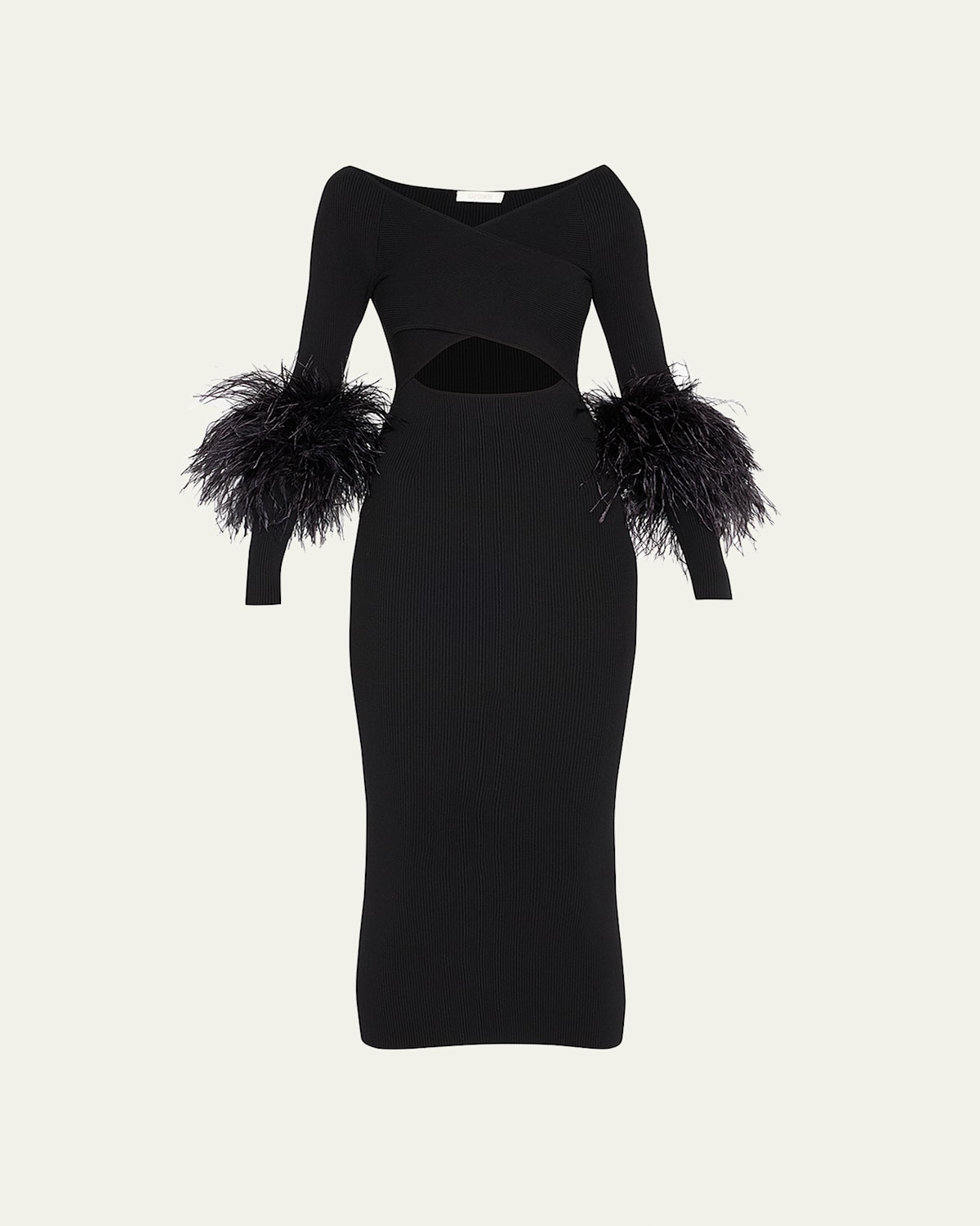 Criss-Cross Cutout Midi Dress w/ Feather Trim