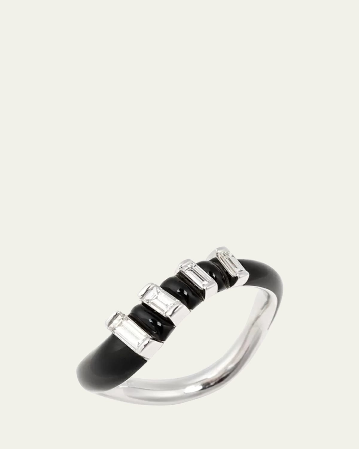 Oui Wave Band Ring in 18K White Gold with Black Enamel and White Diamonds