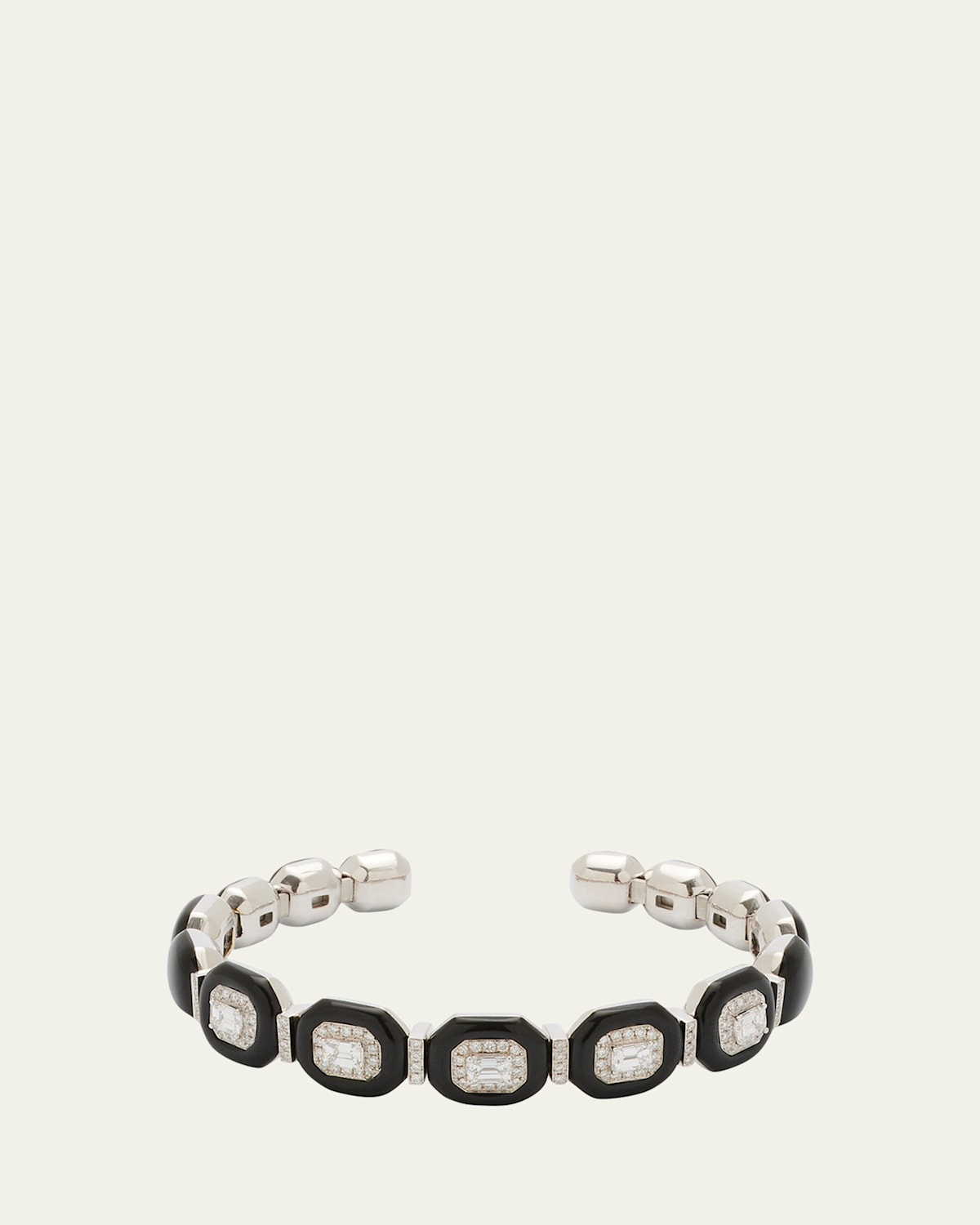 Oui Bangle with Emerald-Cut White Diamonds, Pave Diamonds and Black Enamel in 18K White Gold