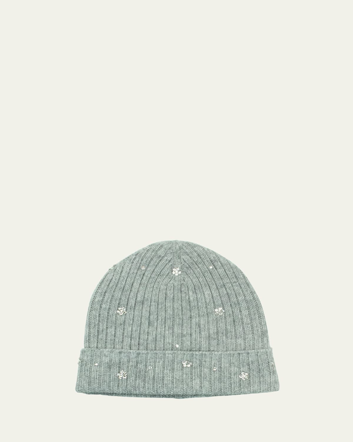Portolano Crystal Flower Embellished Beanie Hat In Light Grey