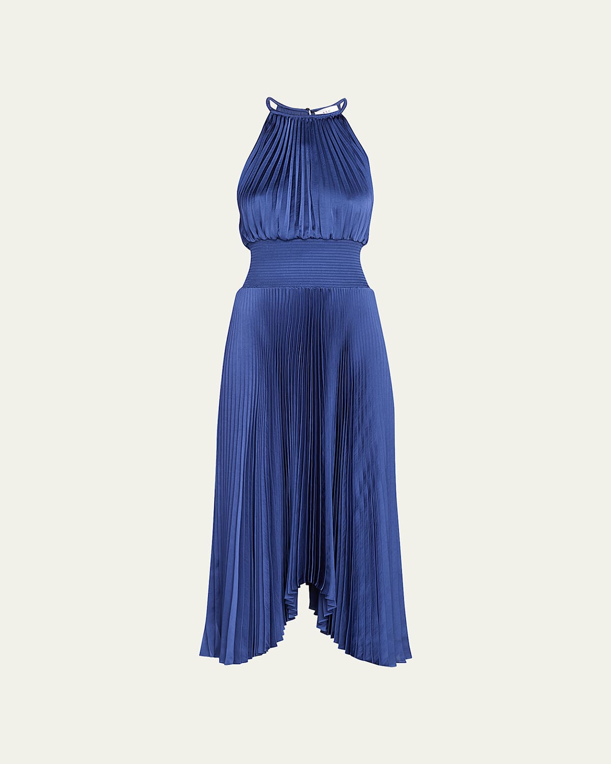 Renzo II Satin Pleated High-Neck Midi Dress