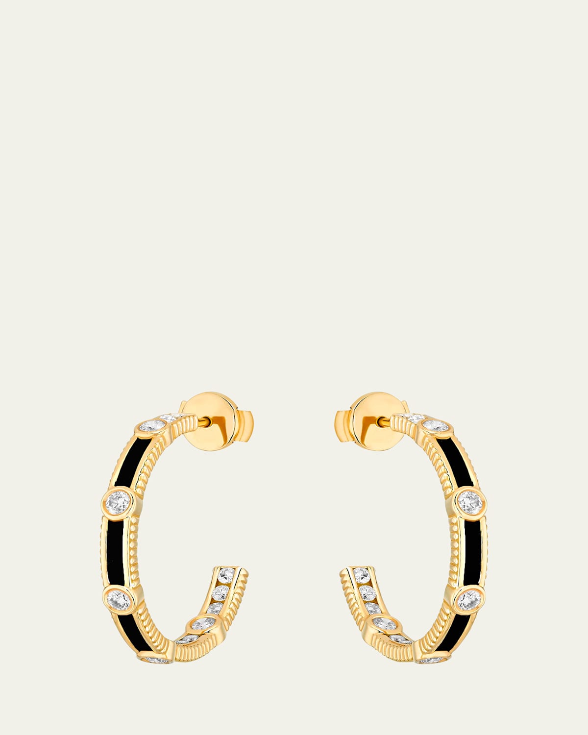 Viltier Rayon Hoop Earrings in Onyx, 18K Yellow Gold and Diamonds
