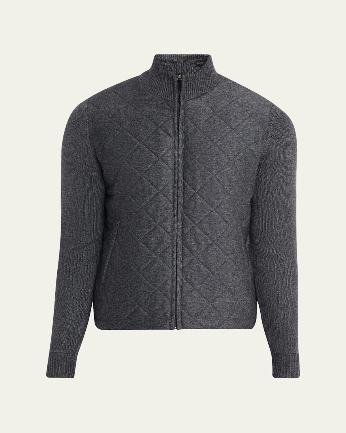 Neiman Marcus Men's Quilted Full-zip Sweater In Gray