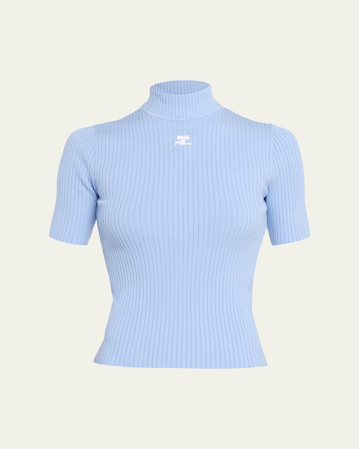 Courrèges Mock-neck Short-sleeve Rib Pullover In Blue