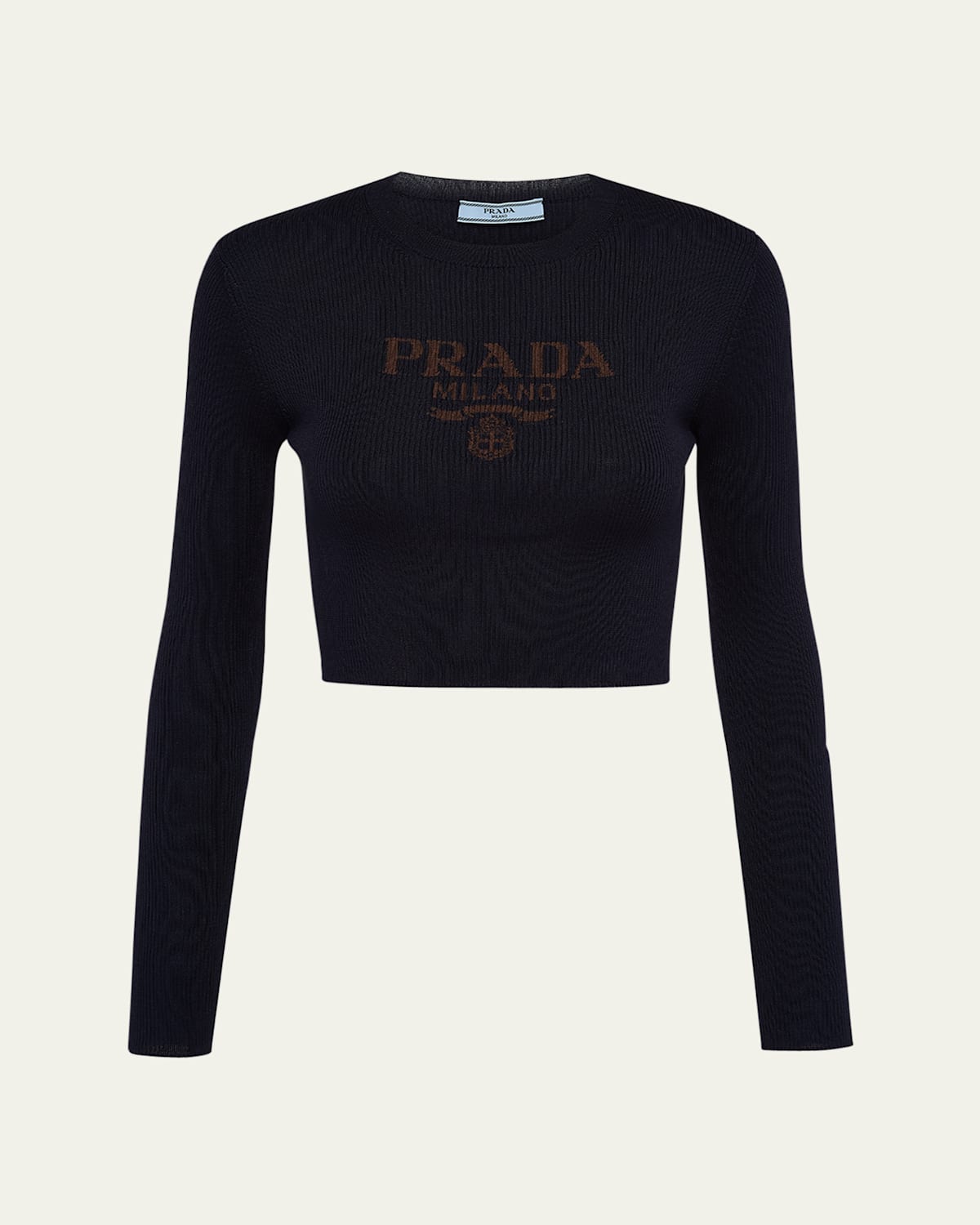 Prada Logo-intarsia Rib Cropped Silk Sweater In Bleu
