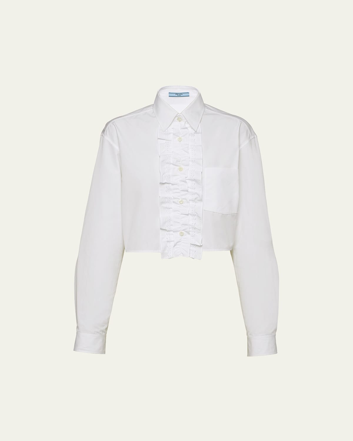 Prada Cropped Poplin Blouse With Detachable Ruffle Bib In Bianco