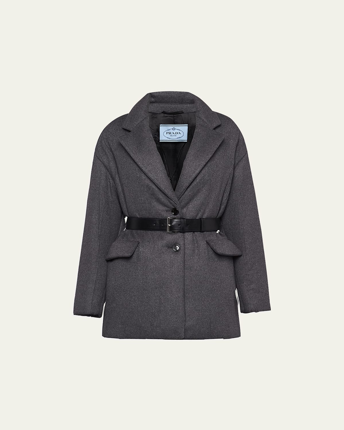 Prada Lana Wool-cashmere Belted Padded Jacket In Ardesia