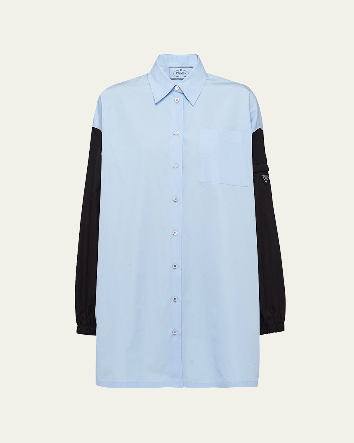 Prada Button-down Poplin Shirtdress With Re-nylon Sleeves In Cielo Nero