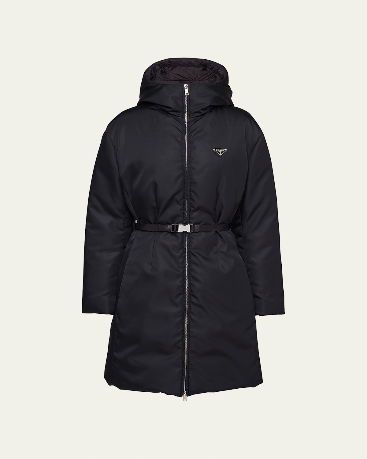 Prada Re-nylon Hooded Down Belted Jacket In Nero