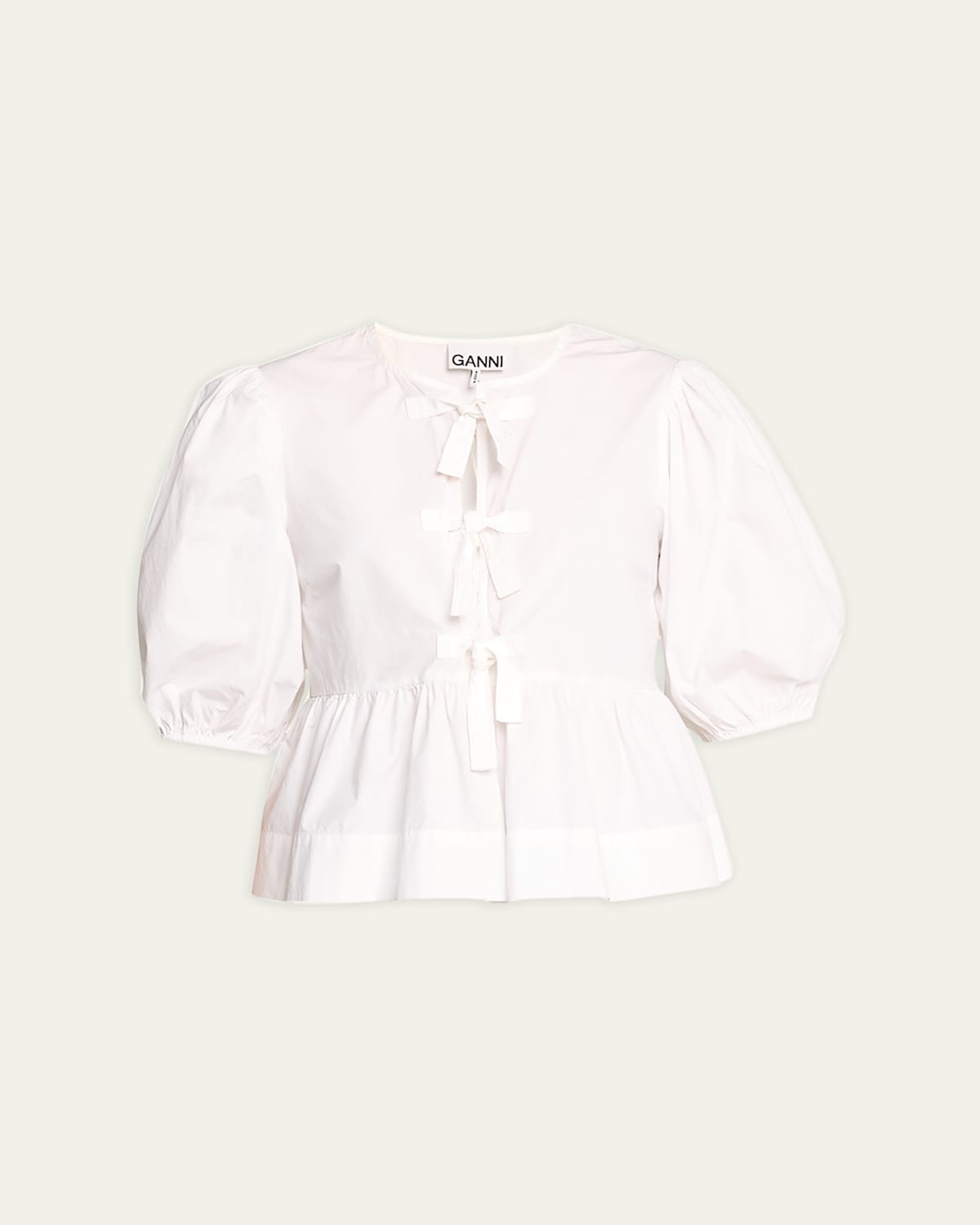 Shop Ganni Poplin Front-tie Peplum Blouse With Puffed-sleeves In Bright White