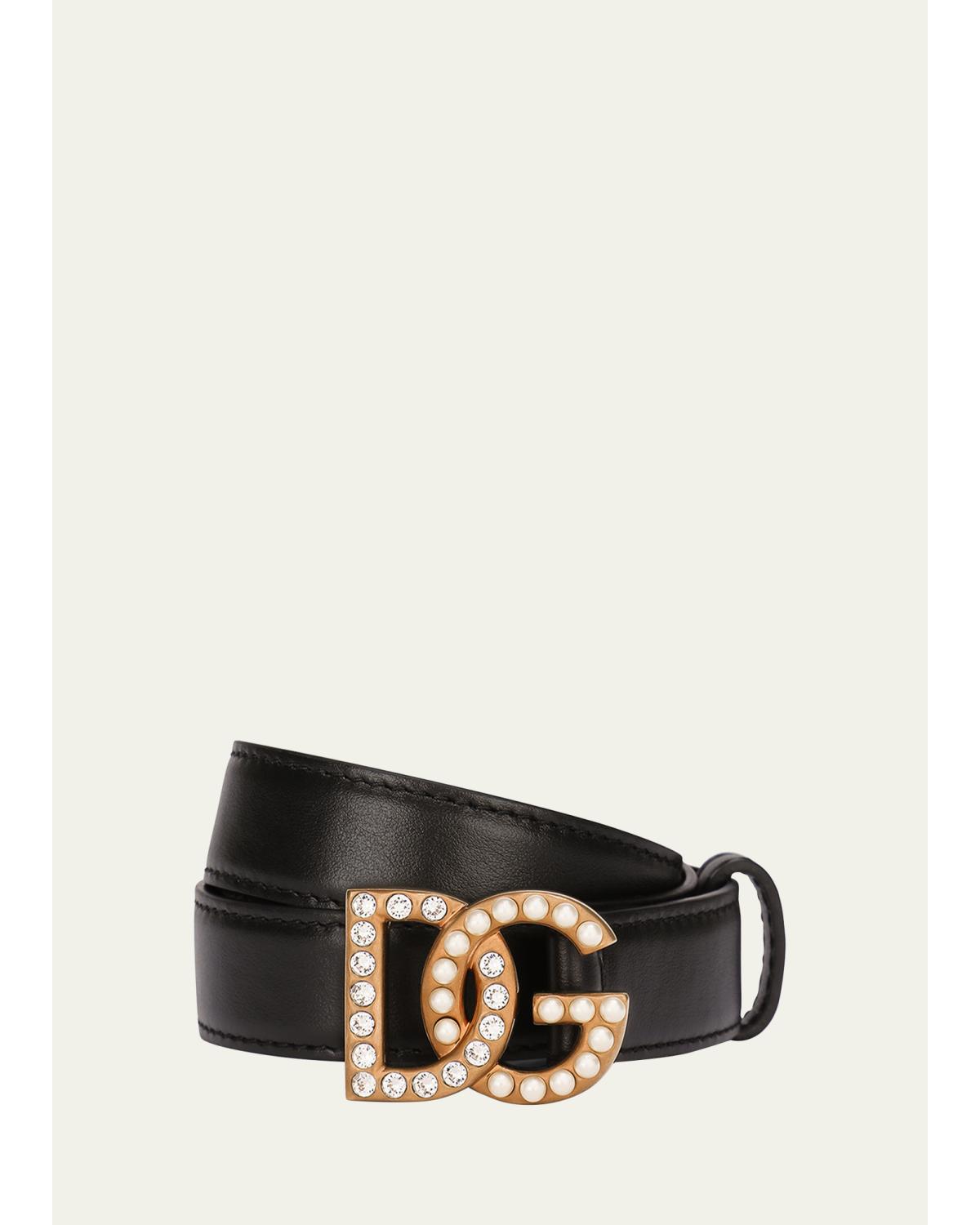 Embellished Pearly Interlocking DG Leather Belt