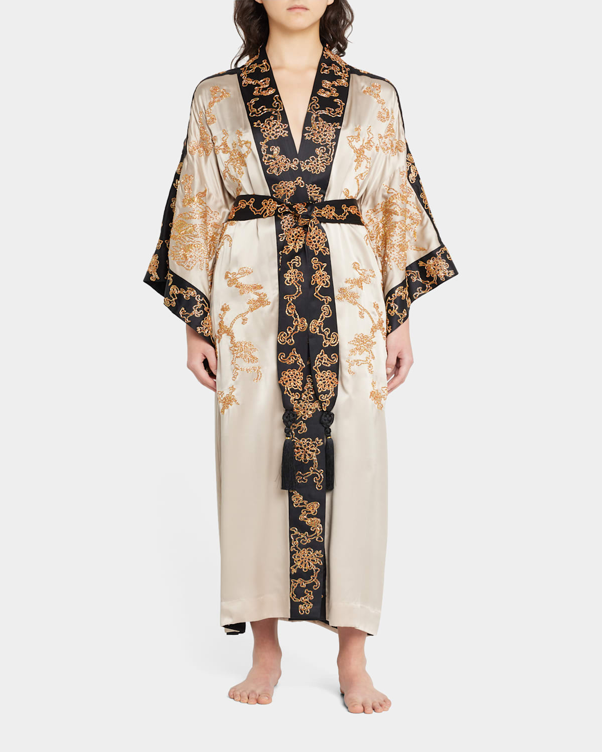 Josie Natori Dragon Embroidered Two-tone Robe W/ Tassels In Neutral
