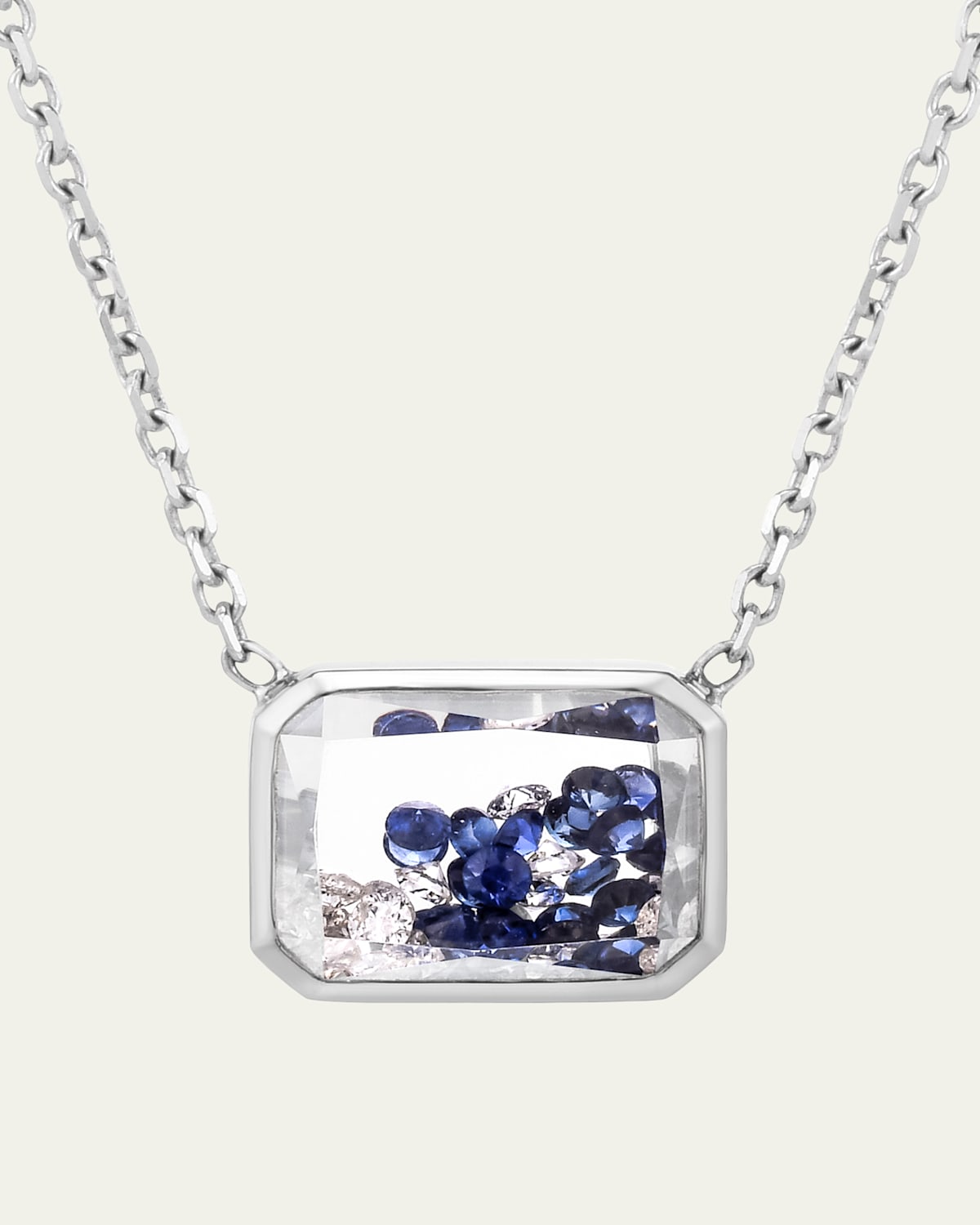 Esmerelda Blue Sapphire and Diamond Shaker Necklace in 18k White Gold