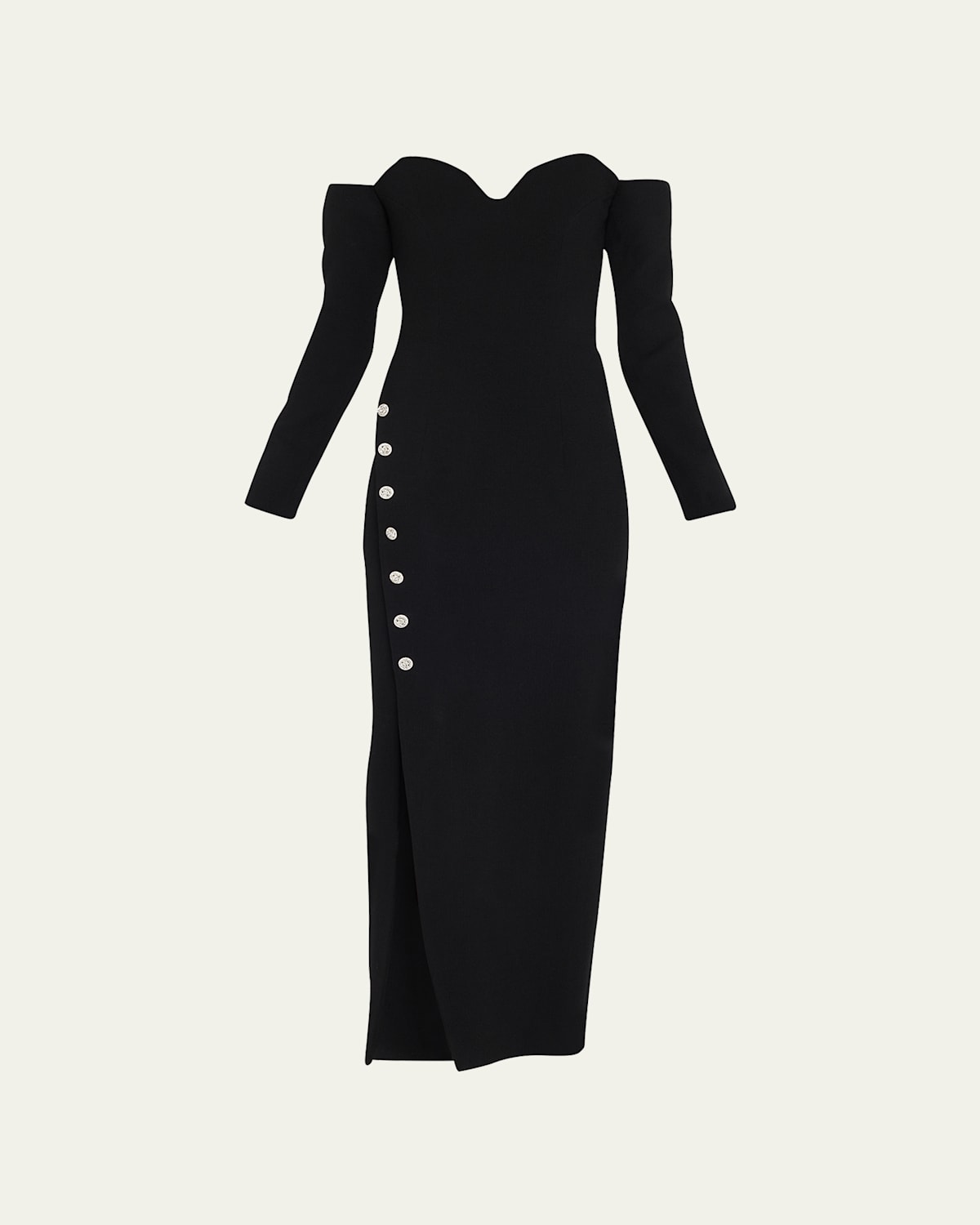 Off-Shoulder Gown w Rhinestone Detail Buttons