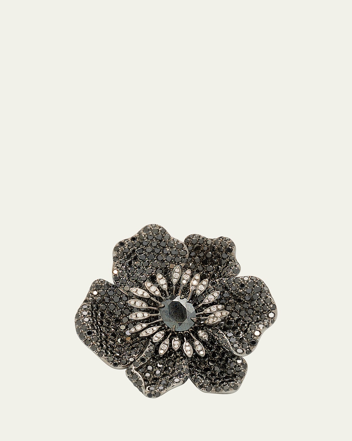 White Gold Black Diamond and Hematite Ring from The Flower Collection