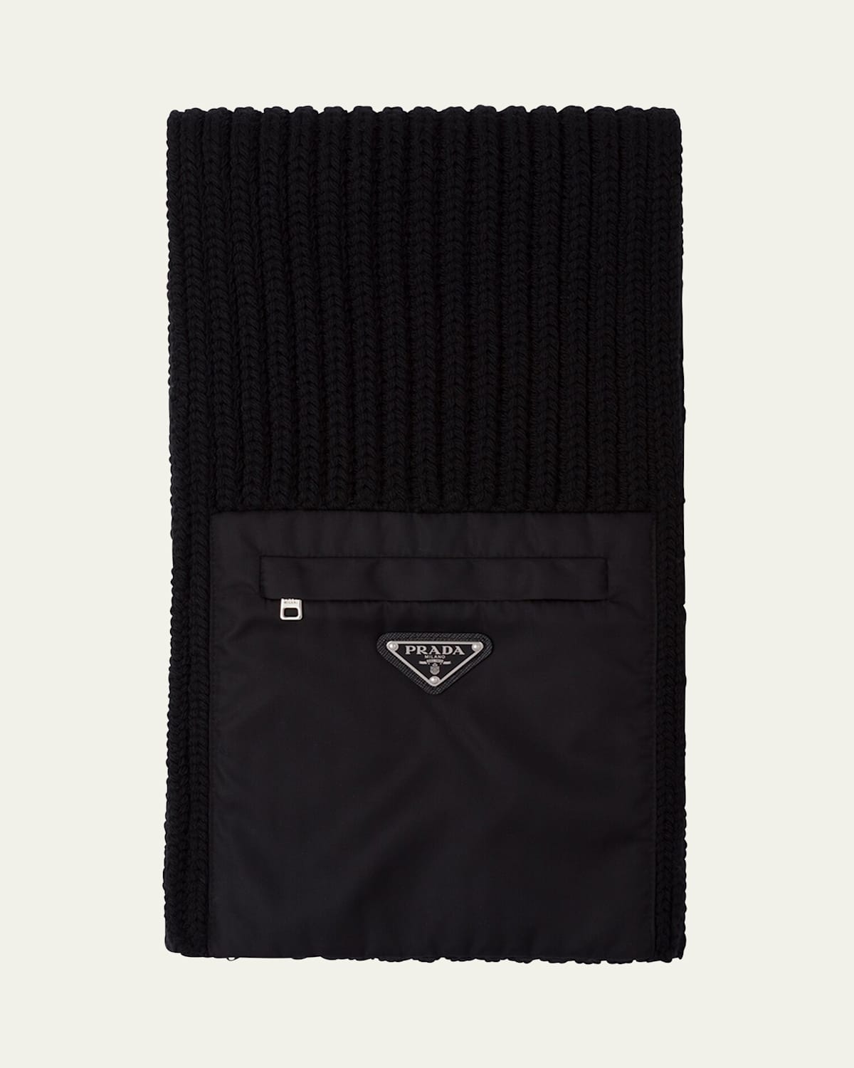 Prada Men's Ribbed Wool Scarf With Nylon Pocket In F0002 Nero