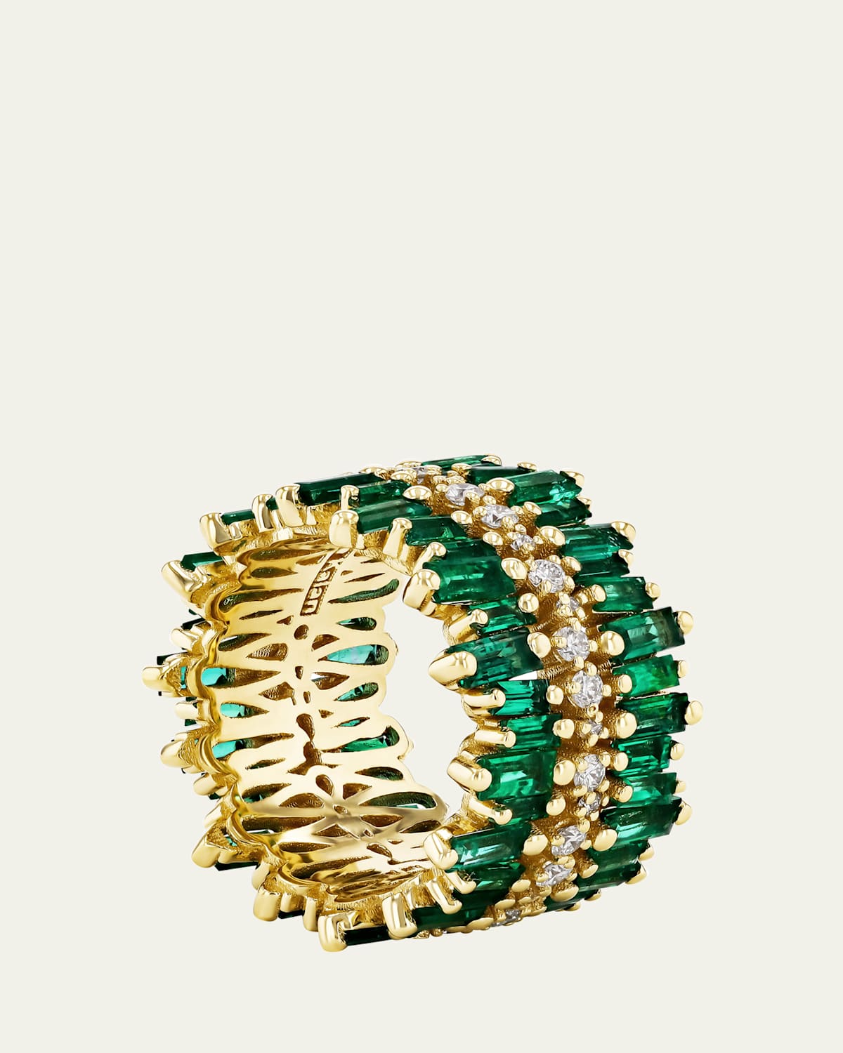 Suzanne Kalan 18K Yellow Gold Triple-Row Diamond and Emerald Eternity Band Ring