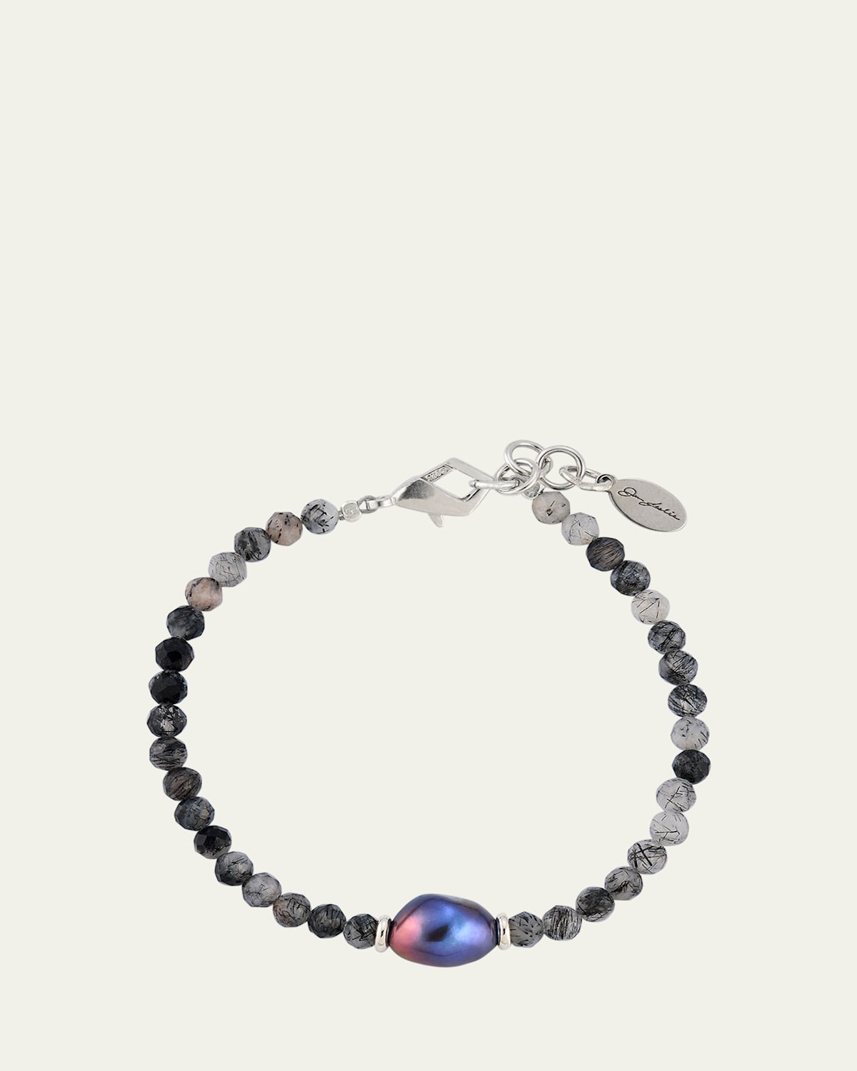 Men's Rutliated Quartz Beaded Bracelet with Grey Pearl