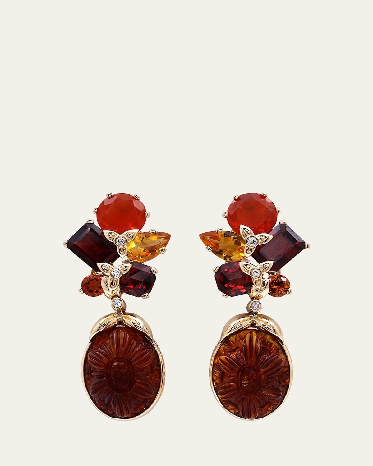 Hand Carved Amber, Fire Opal, Garnet and Citrine Earrings in 18K Gold