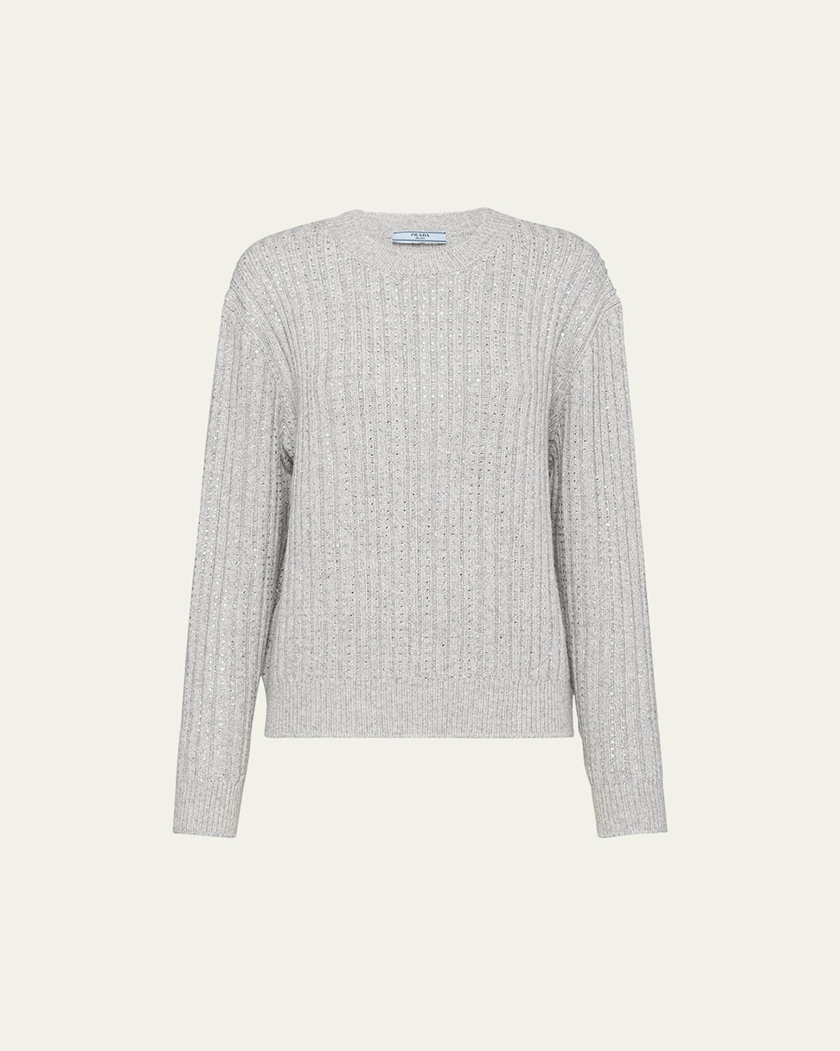 Prada Wool And Cashmere Crew-neck Sweater With Rhinestones In Marmo