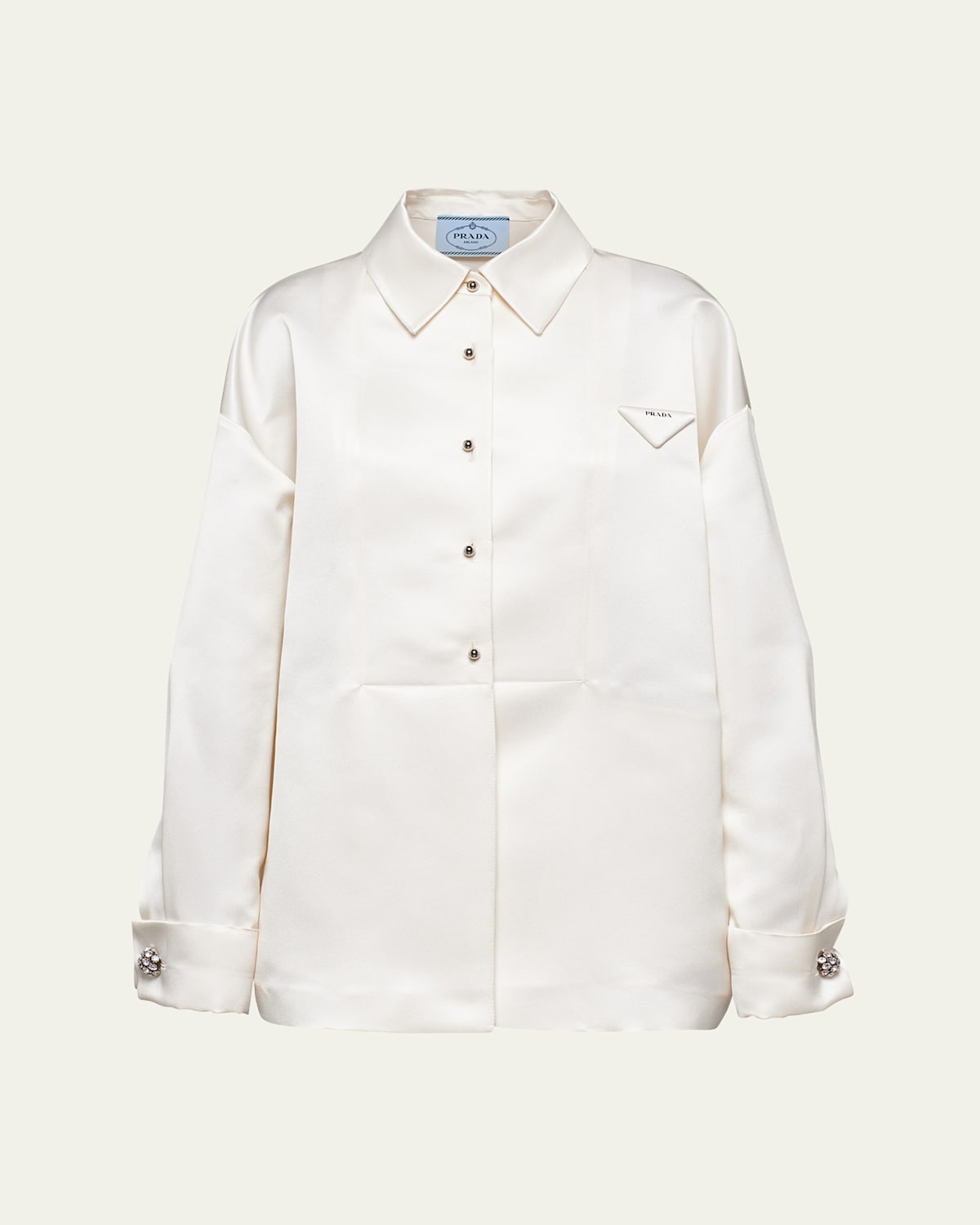 Prada Boxy Crystal Button Satin Double Shirt In Bianco