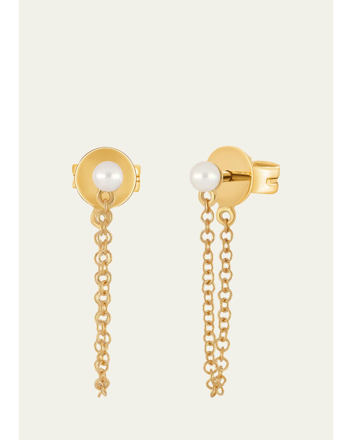 14K Yellow Gold Chain Pearl Stud Earrings