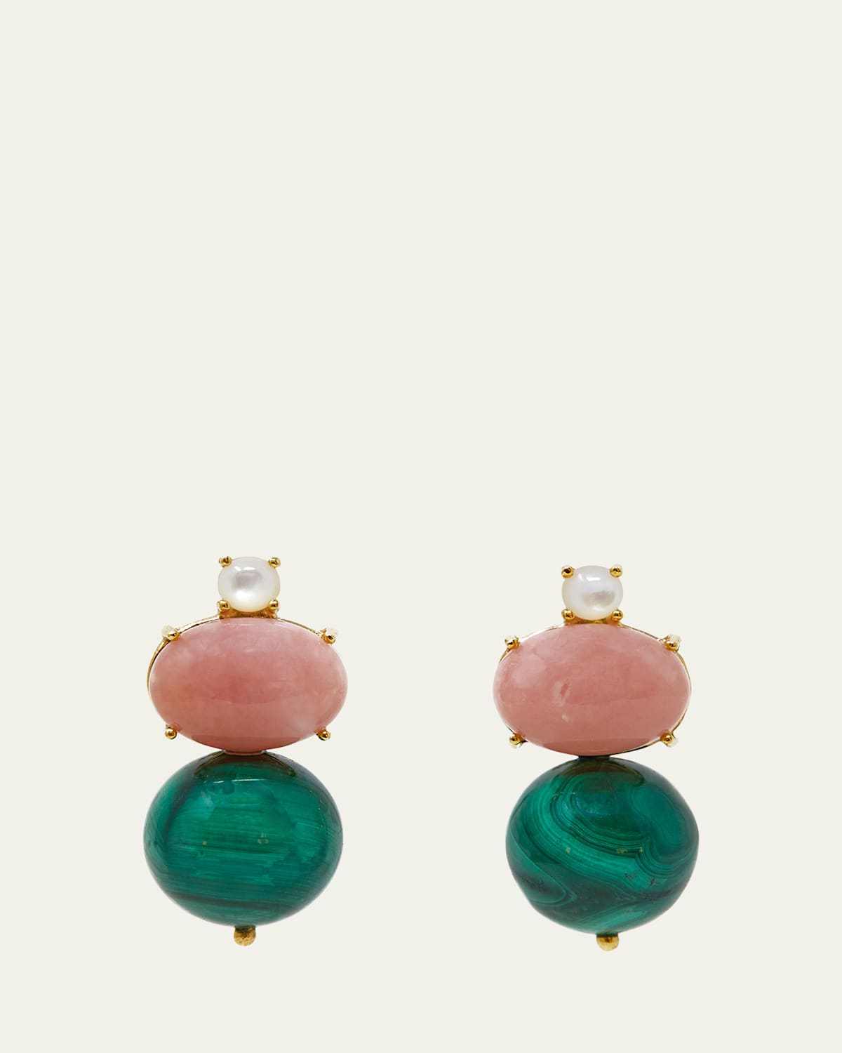 14K Yellow Gold Stud Earrings with Malachite Rhodonite and Mother-of-Pearl