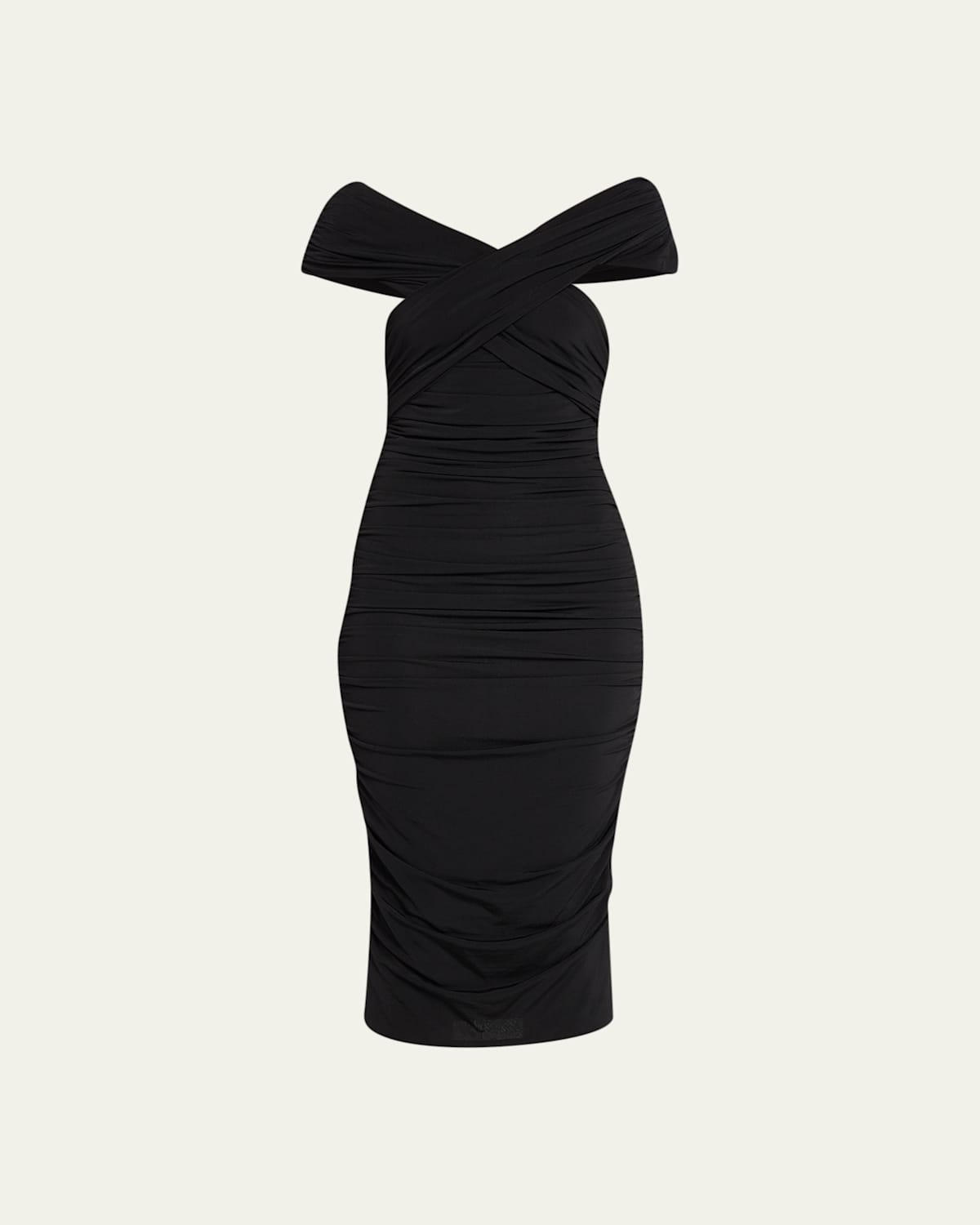 Off-The-Shoulder Ruched Jersey Midi Dress
