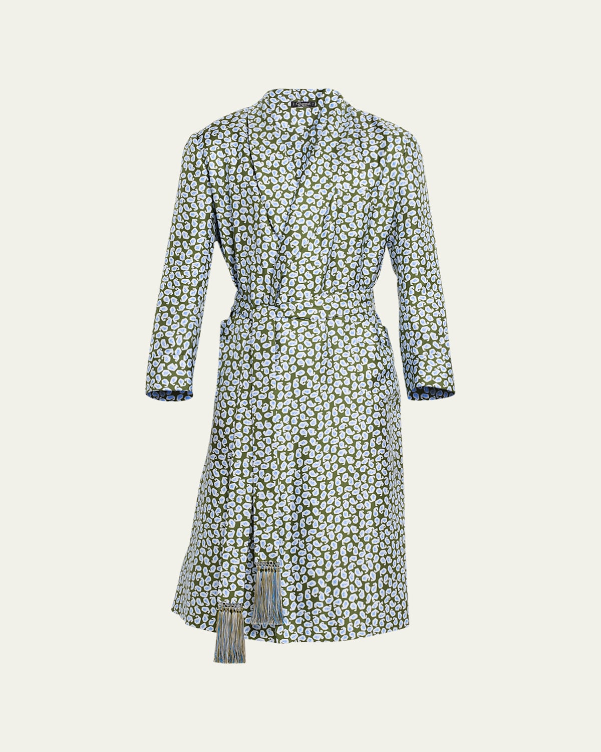 Men's Whale-Print Silk Robe with Fringe Belt