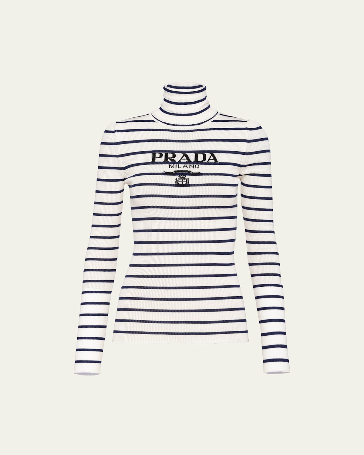 Prada Stripe Logo-intarsia Turtleneck Sweater In Avorio Navy