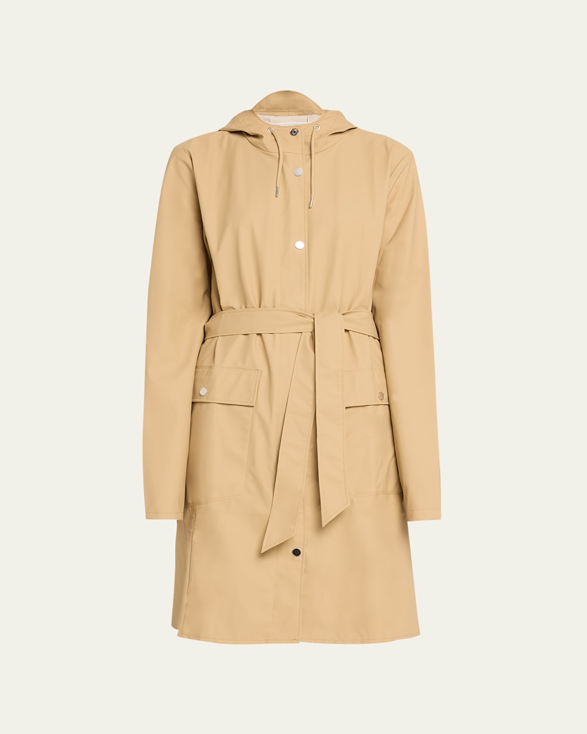 RAINS CURVE BELTED TRENCH COAT WITH DRAWSTRING HOOD 