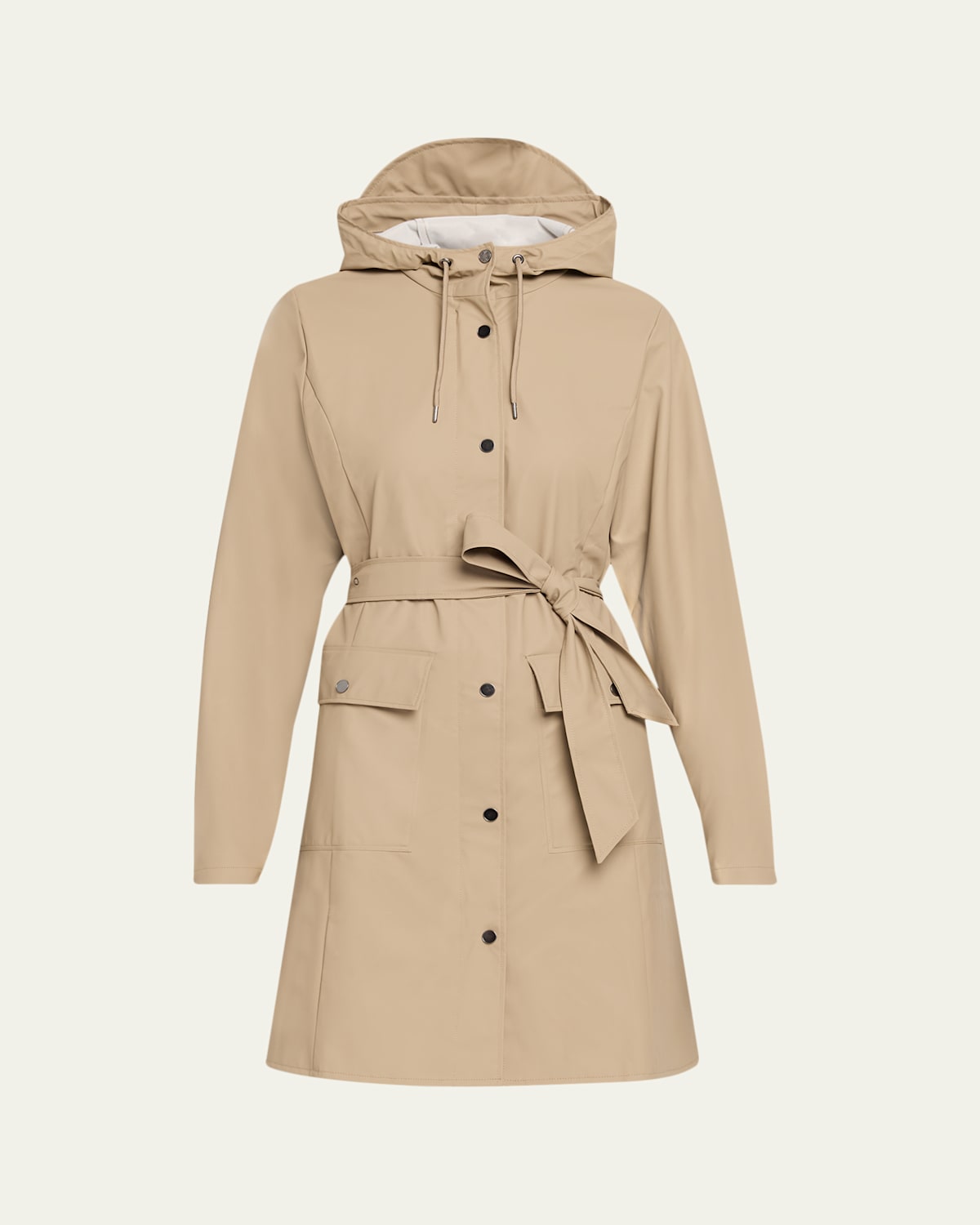 Rains Curve Belted Trench Coat With Drawstring Hood In Neutral