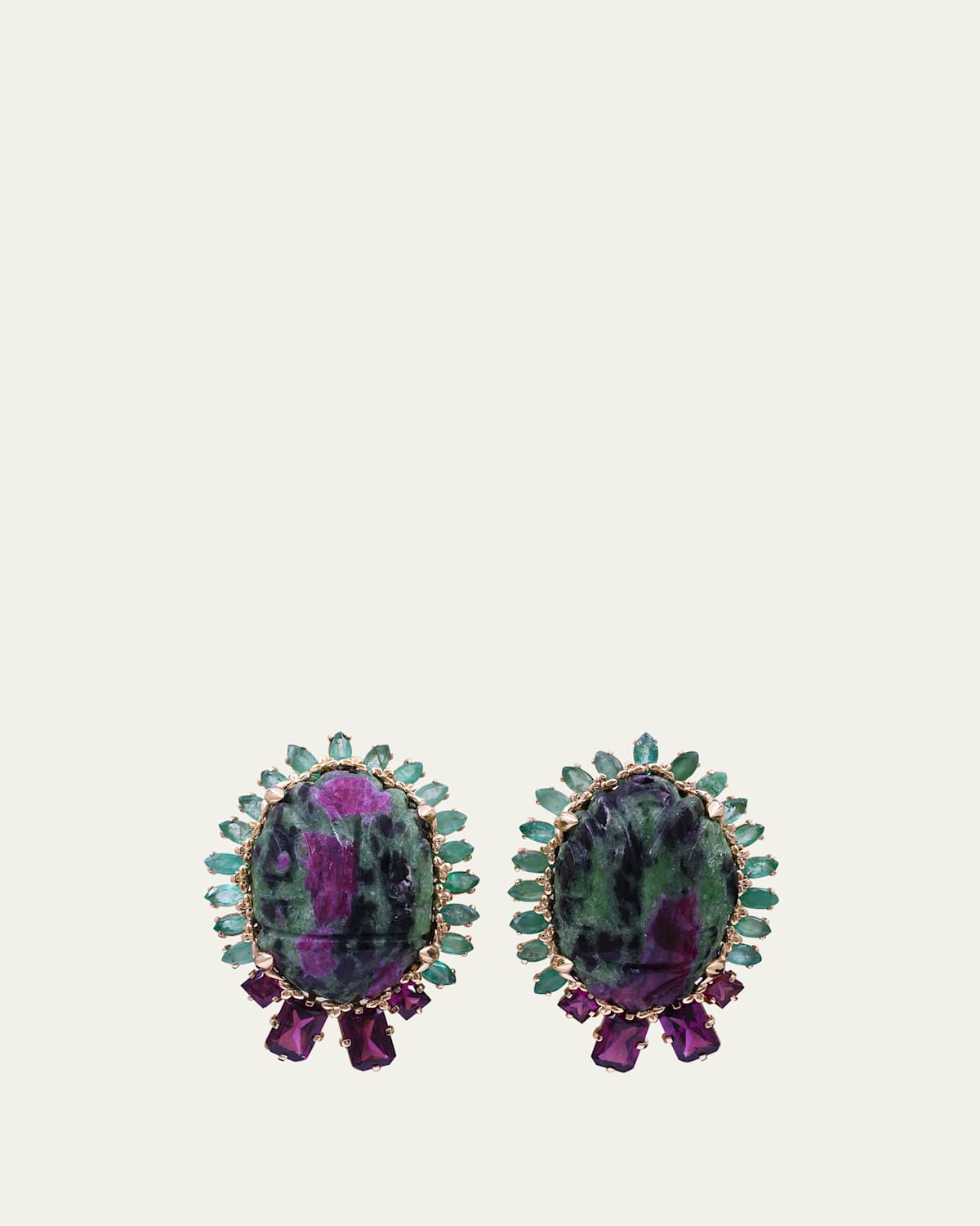 18K Rose Gold Hand Carved Stud Earrings in Ruby Zoisite, Emerald, And Rhodolite Garnet