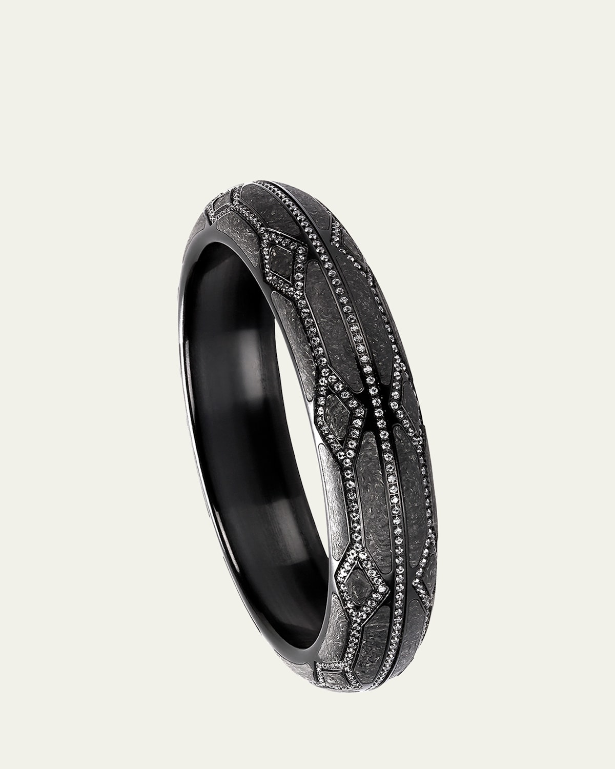 White Gold & Carbon Fiber Bangle Bracelet with White Sapphire, Size 60mm