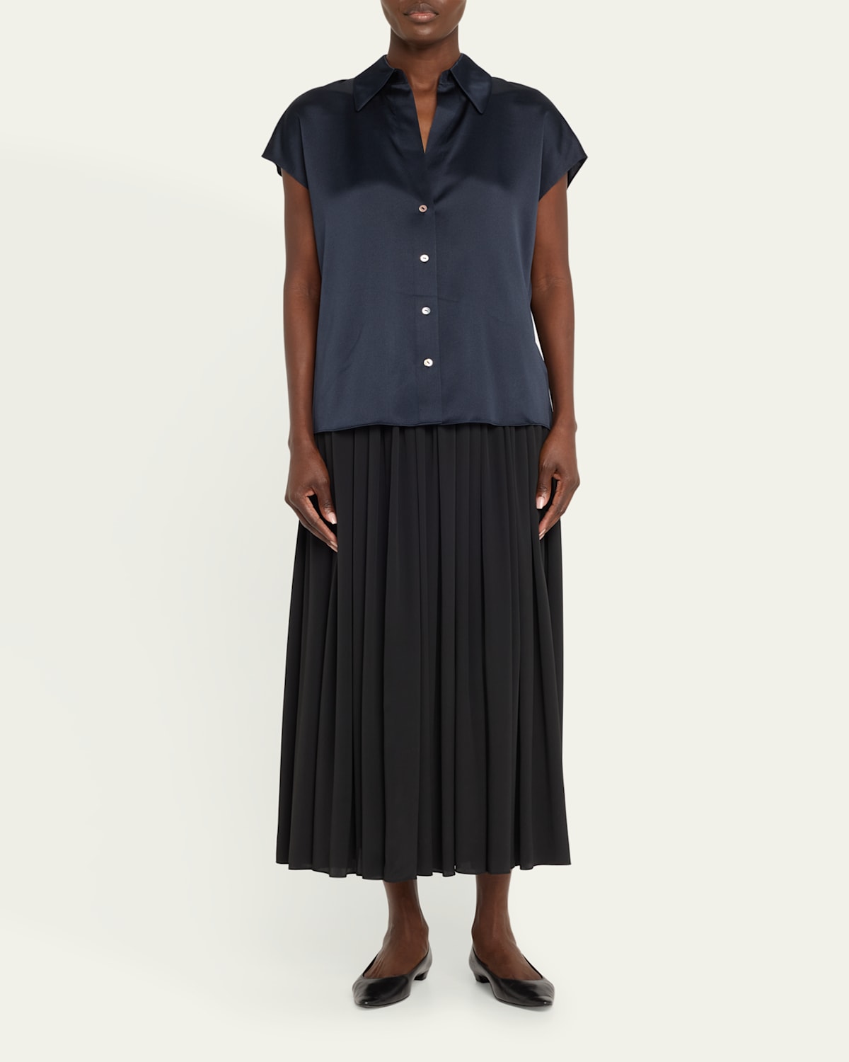 Cap-Sleeve Ruched-Back Silk Blouse