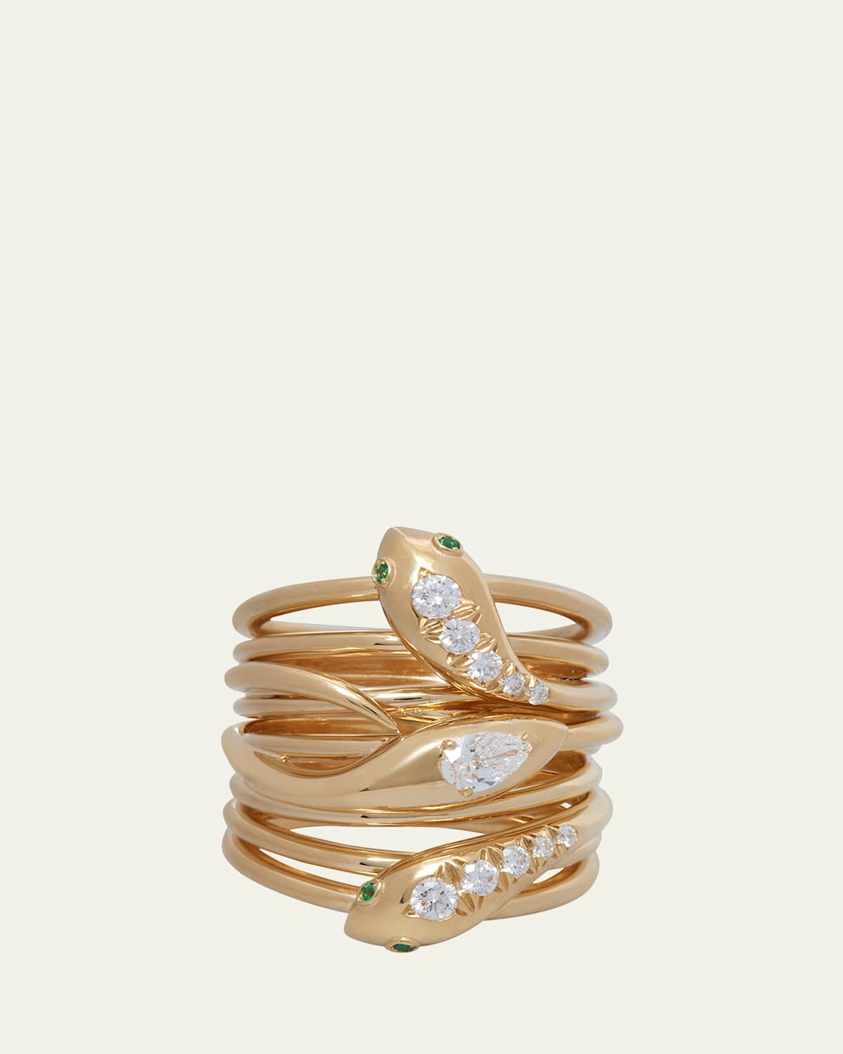 18K Yellow Gold Snake Ring with Emeralds and Diamonds