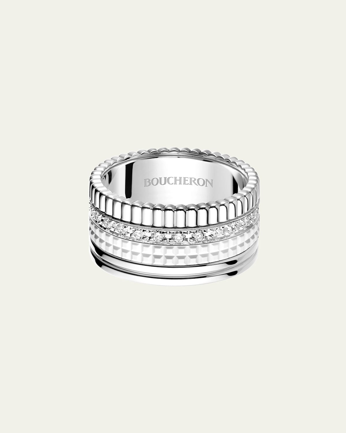18K White Gold Large Quatre Double Ring with White HyCeram and Diamonds
