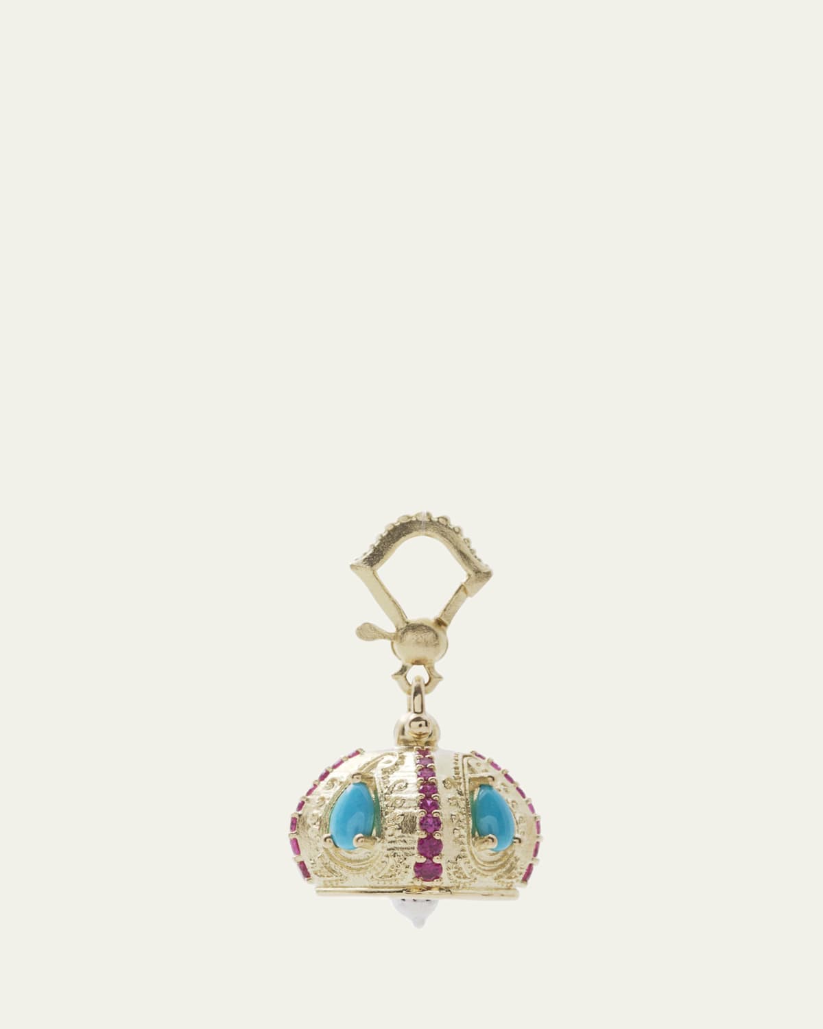 18K Yellow Gold Raja Bell Pendant with Turquoise and Rubies