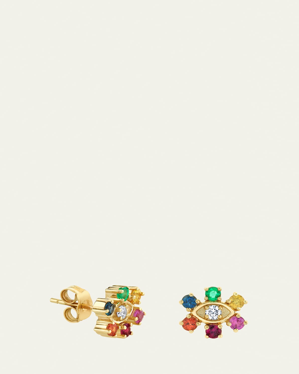 Sydney Evan 14K Yellow Gold Diamond Marquise Eye Flower Stud Earrings with Rainbow Gemstones