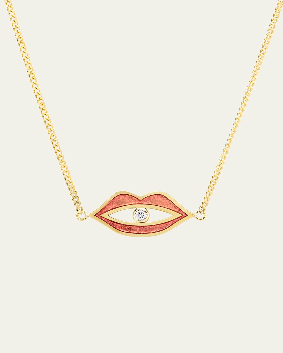 18K Yellow Gold Red Guilloche Enamel and Diamond Lips Necklace