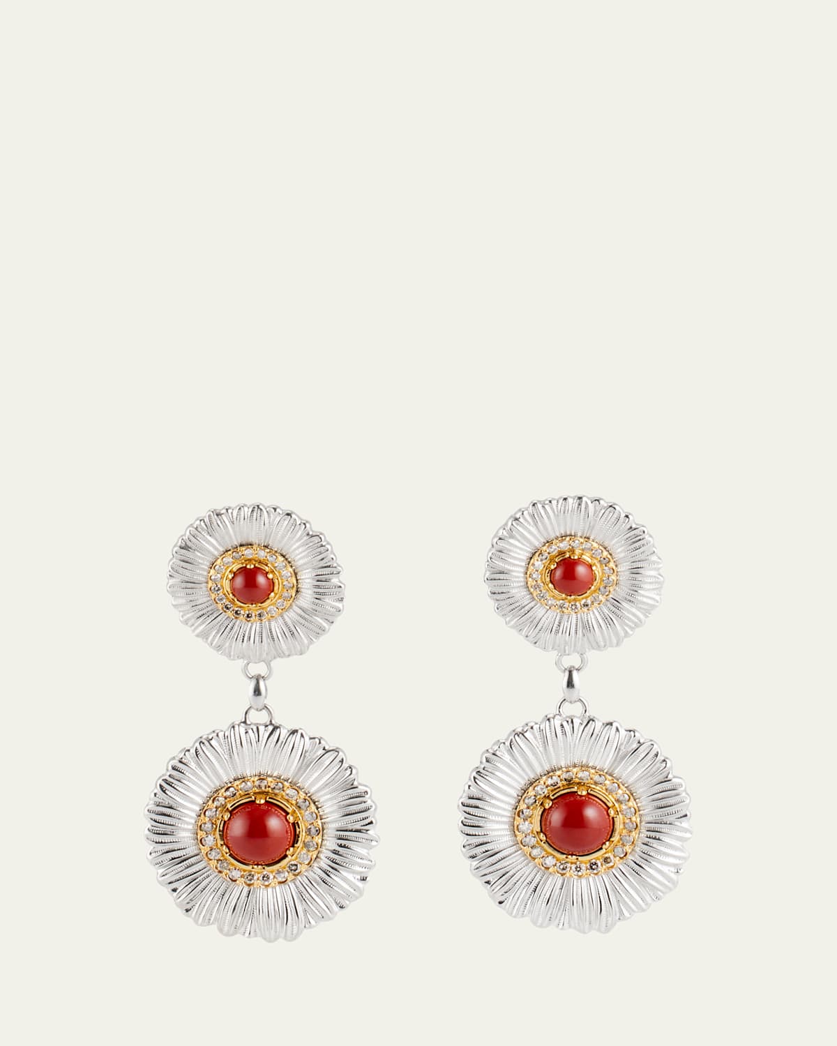 Blossom Color Daisy 18K Yellow Gold and Silver Earrings with Diamonds and Red Jasper