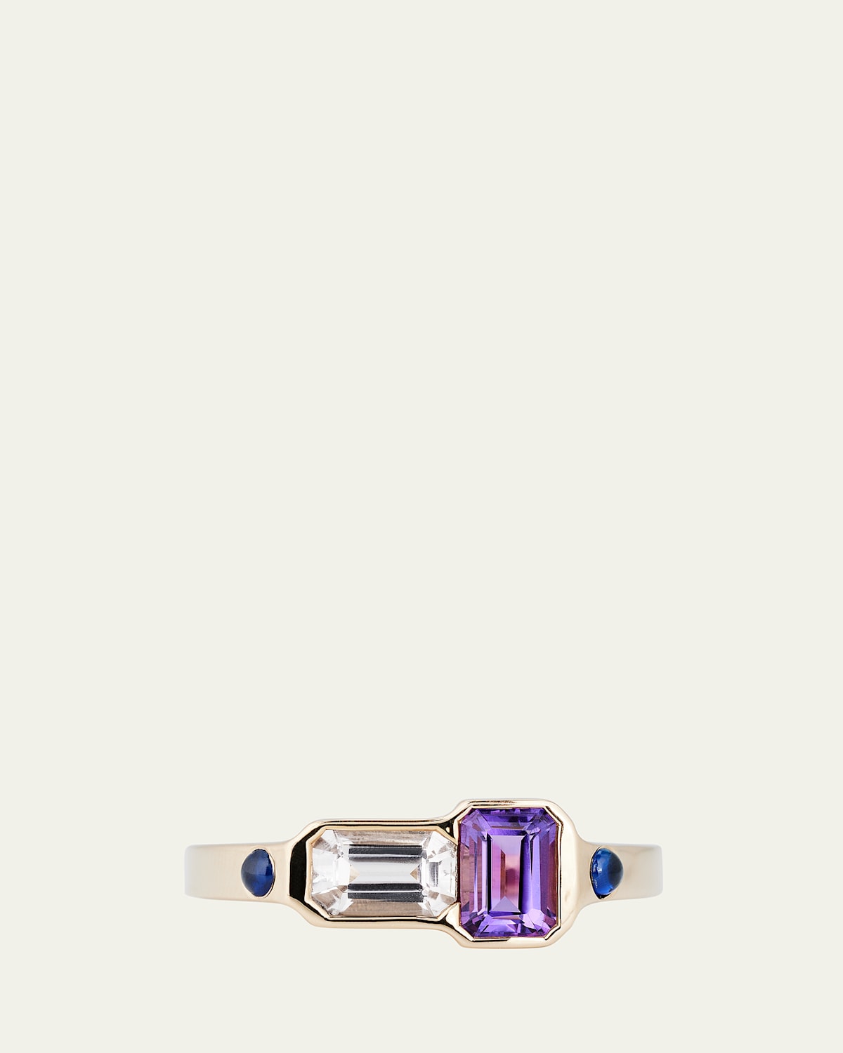 14k Gold Orb Morganite and Amethyst Ring with Sapphire Cabochons